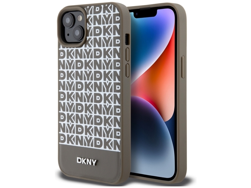 Dkny Leder-Case Mit Gemustertem Druck Und Metall-Logo Magsafe Für Iphone 15 / 14 / 13 - Braun