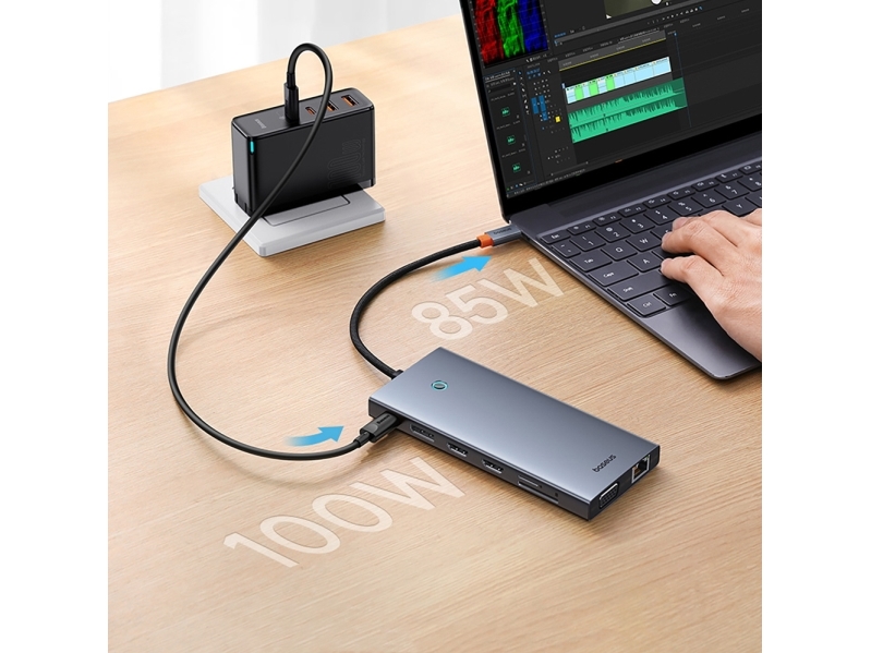 Hub Baseus Portaljoy Series 13W1 Usb-C - 2X Hdmi / Dp / Vga / Usb-A 3.1 / Usb-C 3.1 / Usb-A 2.0 / Pd / Rj45 / Sd / Tf / Aux - Szary