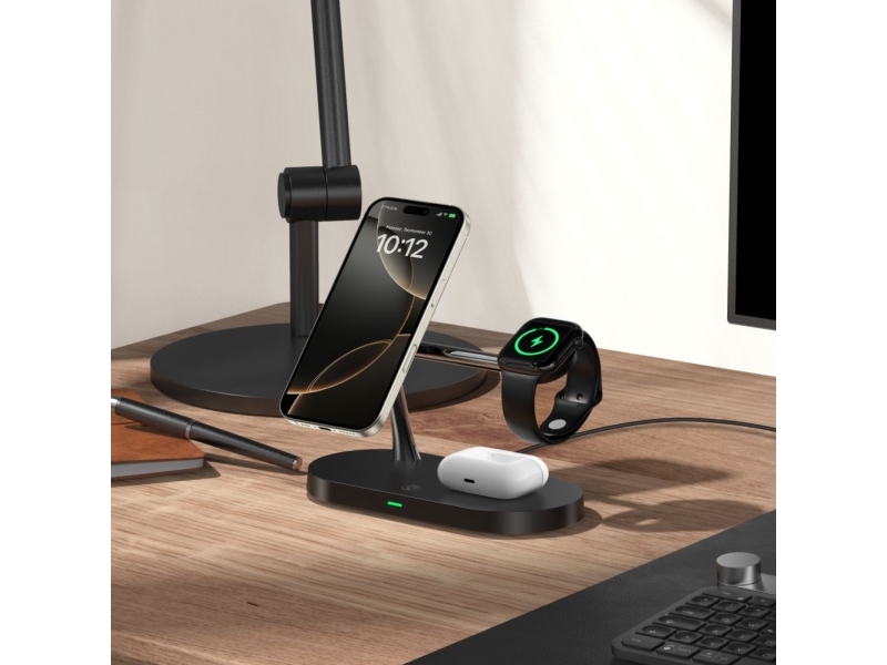 Tech-Protect A12 3-i-1 MagSafe Trådløs Oplader til Smartphone, Høretelefoner og Smartwatch - Sort
