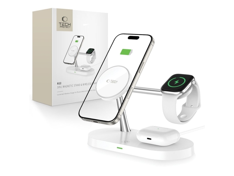 Tech-Protect A12 3-i-1 MagSafe induktionsoplader til smartphone/hovedtelefoner/ smartwatch - hvid