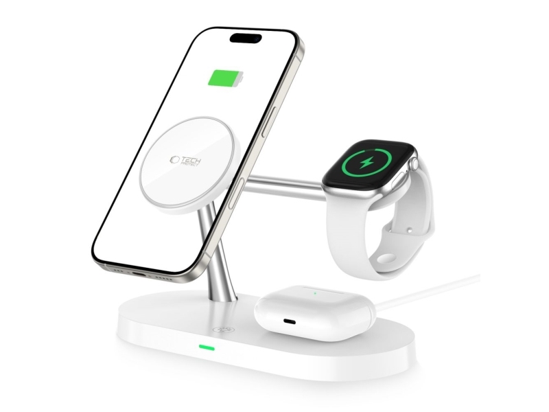 Tech-Protect A12 3-i-1 MagSafe induktionsoplader til smartphone/hovedtelefoner/ smartwatch - hvid billede