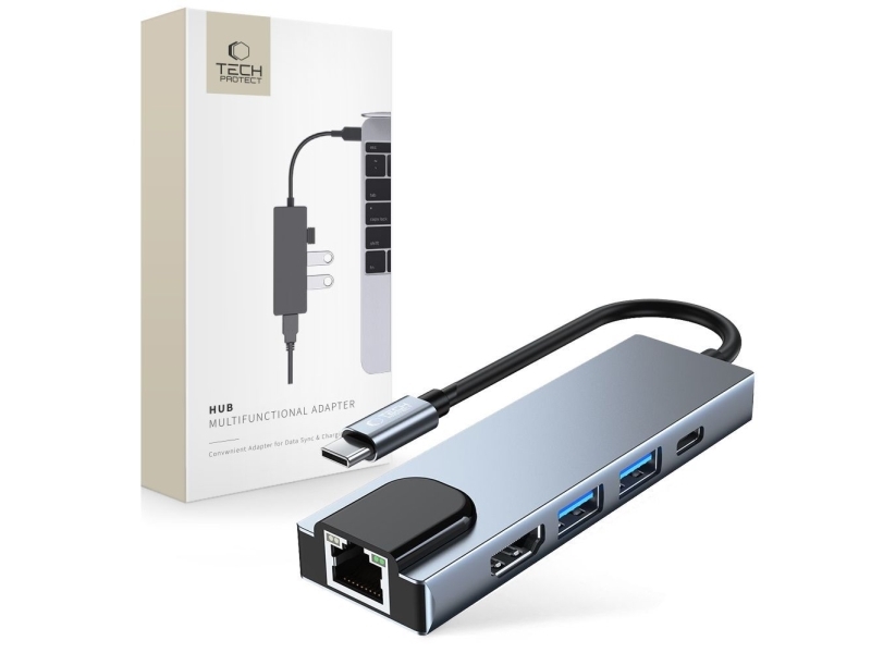 Tech-Protect V3 hub 5-i-1 USB-C - USB-A 3.0 / USB-A 2.0 / USB-C / HDMI / RJ45 - grå