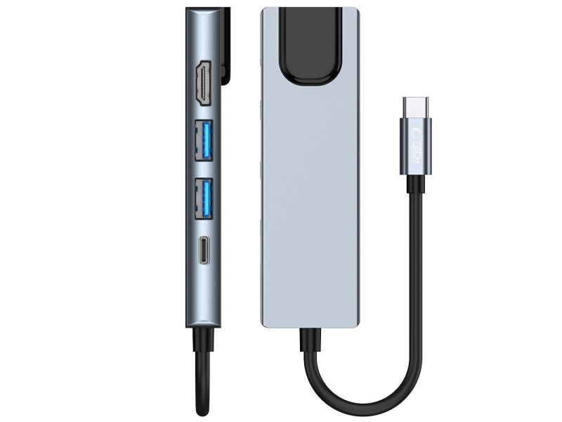 Tech-Protect V3 hub 5-i-1 USB-C - USB-A 3.0 / USB-A 2.0 / USB-C / HDMI / RJ45 - grå