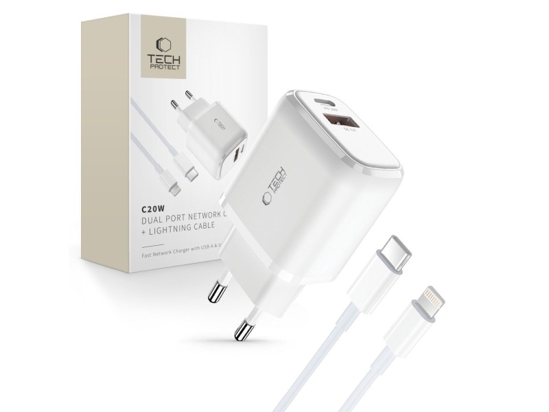Tech-Protect C20w Usb-C Pd 20W / Usb-A Qc 3.0 Ladegerät Mit Usb-C / Lightning-Kabel - Weiß