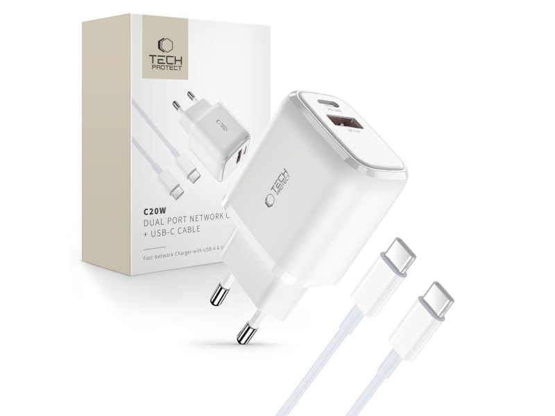 Tech-Protect C20w Usb-C Pd 20W / Usb-A Qc 3.0 Ladegerät Mit Usb-C / Usb-C-Kabel - Weiß