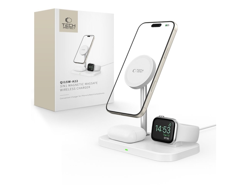Tech-Protect QI15W-A22 MagSafe induktiv oplader med 3-i-1 MagSafe-stander til smartphone / Apple Watch / AirPods - hvid