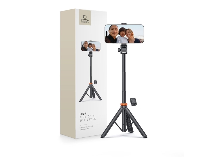 Tech-Protect L03S Bluetooth Selfie Stick with Remote Control Tripod up to 148cm and 180 Head - Black