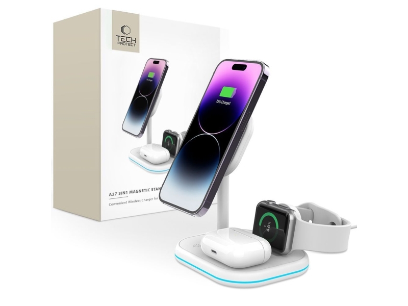 Tech-Protect Qi15w-A27 3-In-1 Induktionsladegerät Mit Magsafe-Ständer Für Smartphone / Apple Watch / Airpods - Weiß