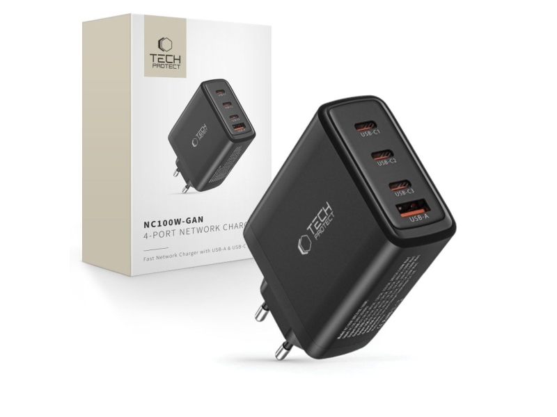Tech-Protect TECH-PROTECT NC100W-GAN 4-ports netværksoplader PD100W/QC3.0 BLACK