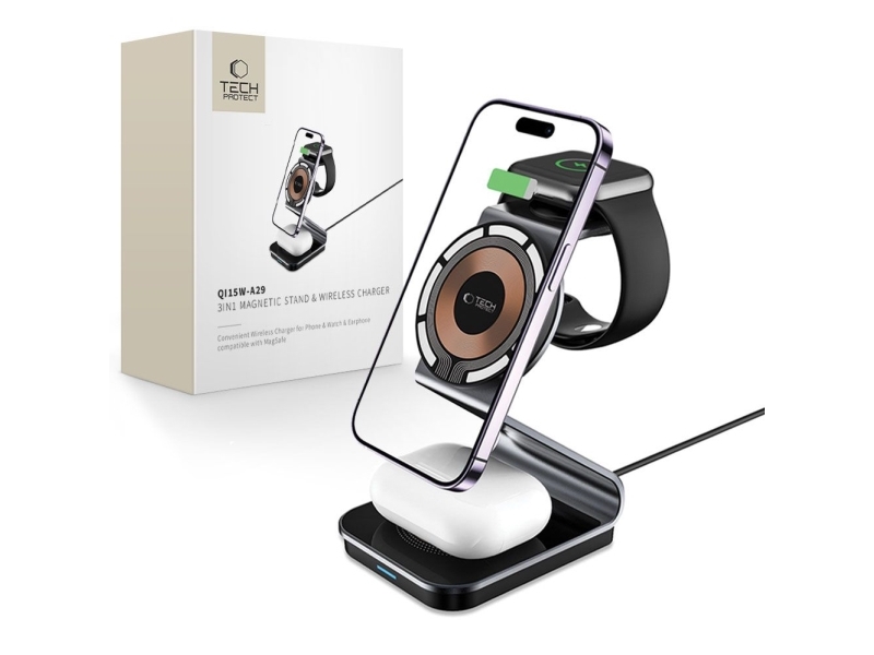 Tech-Protect Qi15w-A29 3-I-1 Induktiv Oplader Med Magsafe Til Smartphone / Apple Watch / Airpods - Sort