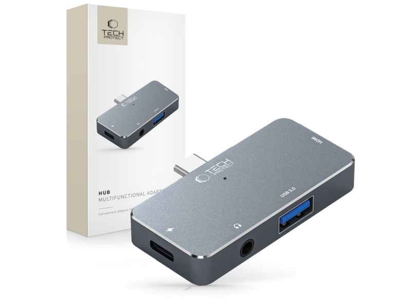 Hub Tech-Protect V6 4-I-1 Usb-C - Usb-A 3.0 / Usb-C Pd100w / Hdmi / Mini Jack 3,5 Mm - Grå