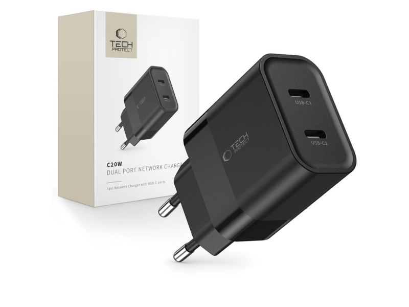 Tech-Protect C20W Mains Charger 2x USB-C PD 20W - Black