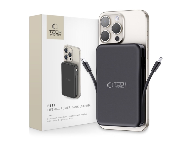 Tech-Protect Lifemag Pb31 Powerbank Mit Magsafe 10000Mah 15W Usb-C / Usb-A / Integriertes Usb-C / Lightning-Kabel - Schwarz