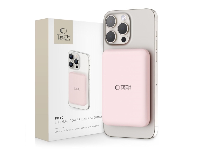 Tech-Protect LifeMag PB10 Power Bank with MagSafe 5000mAh 15W USB-C Port - Pink + USB-C Cable Powerbank - Pink - 5000 mAh