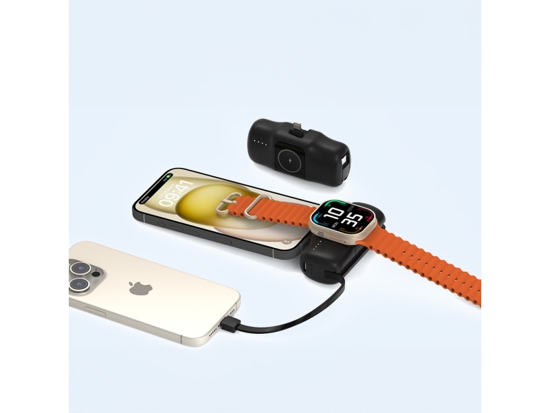 Wozinsky Wf16-Yls 5000Mah 15W Lightning Mini Powerbank Mit Integriertem Usb-C Kabel Und Ladegerät Für Apple Watch - Schwarz