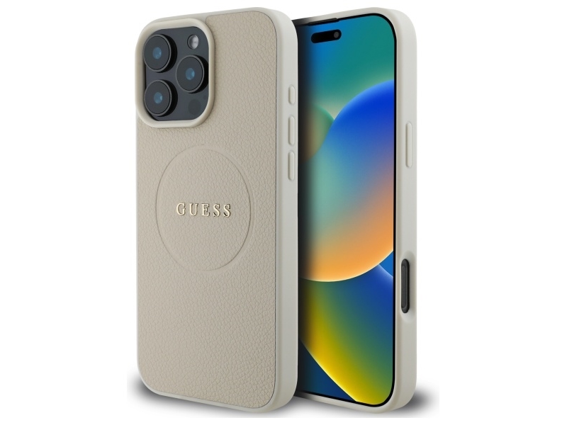 Guess Grained Gold Ring Magsafe Cover Til Iphone 16 Pro Max - Beige