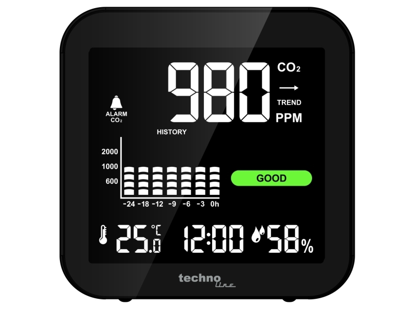 Technoline Wl1025, Sort, Kuldioxid (Co2), Indendørs Termometer, Udendørs Termometer, Termometer, Termometer, 1 - 99%, -9,9 - 50 °C