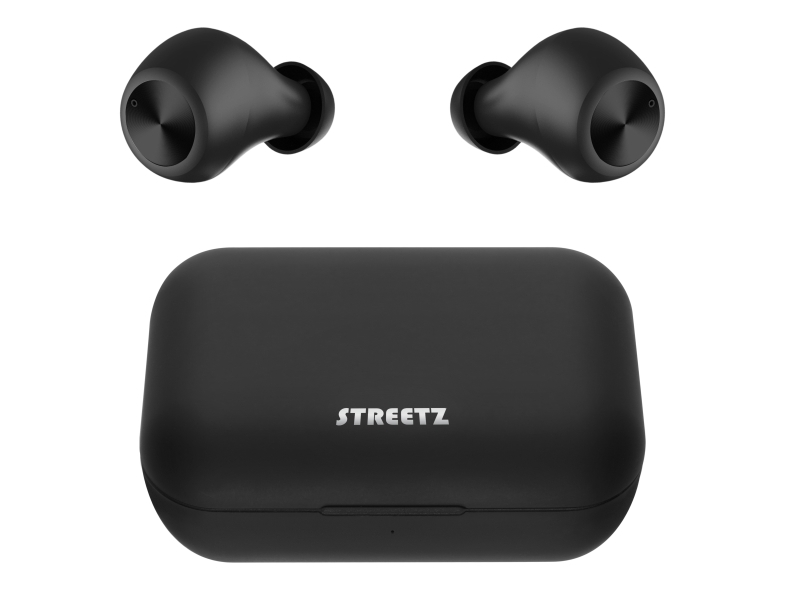 STREETZ True Wireless Stereo In-Ear-hovedtelefoner, dobbelt headset, opladningsetui, sort