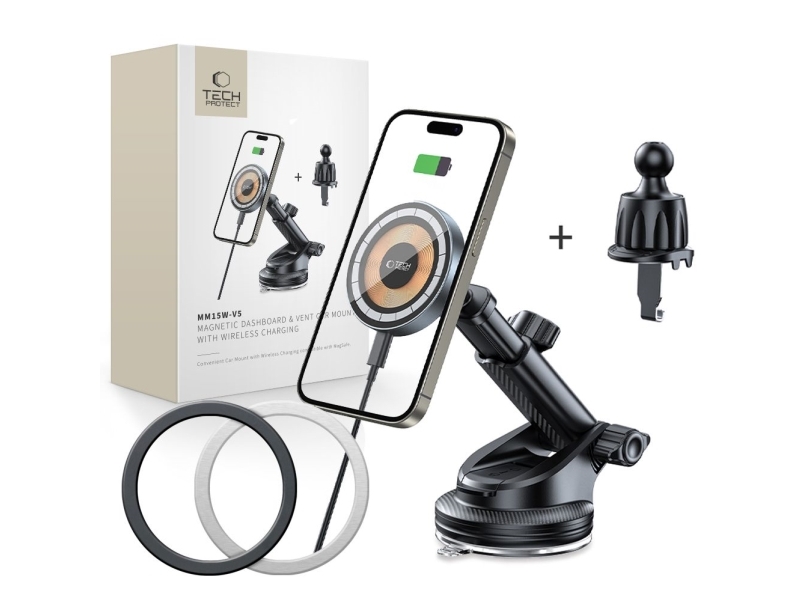 Tech-Protect MM15W MagSafe bilholder med 15W induktiv oplader til forrudegitter og instrumentbræt - sort
