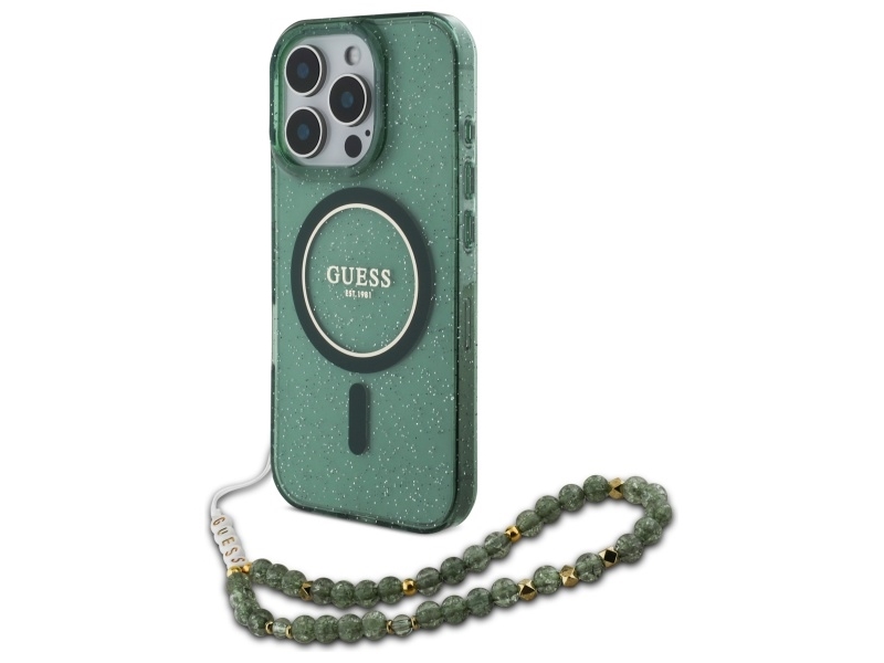 Guess Iml Glitter With Pearl Strap Magsafe Hülle Apple Iphone 16 Pro Max - Hülle Für Handy Grün