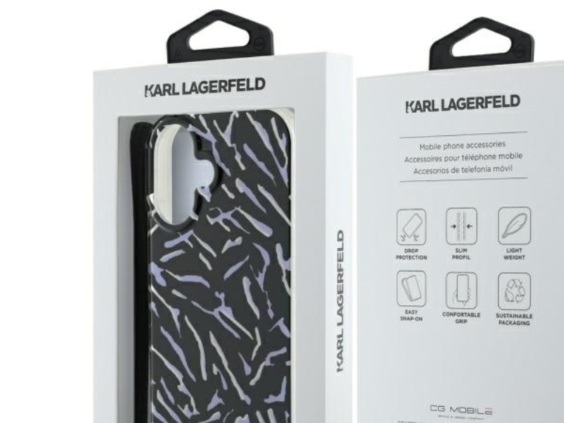 Dėklas Karl Lagerfeld KLHCP16SHZBPKCCU Apple iPhone 16 6.1″ violetinės spalvos Zebra With Cord