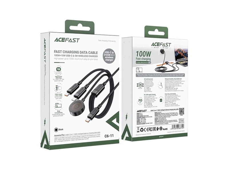 Acefast C6-11 USB-C 3-i-1 kabel - 2x USB-C / Qi 480Mb/s 100W 1,2 m - sort