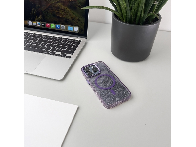 Wozinsky Glitter Etui Med Mag Safe Til Samsung Galaxy S25 - Lilla Med Glitter