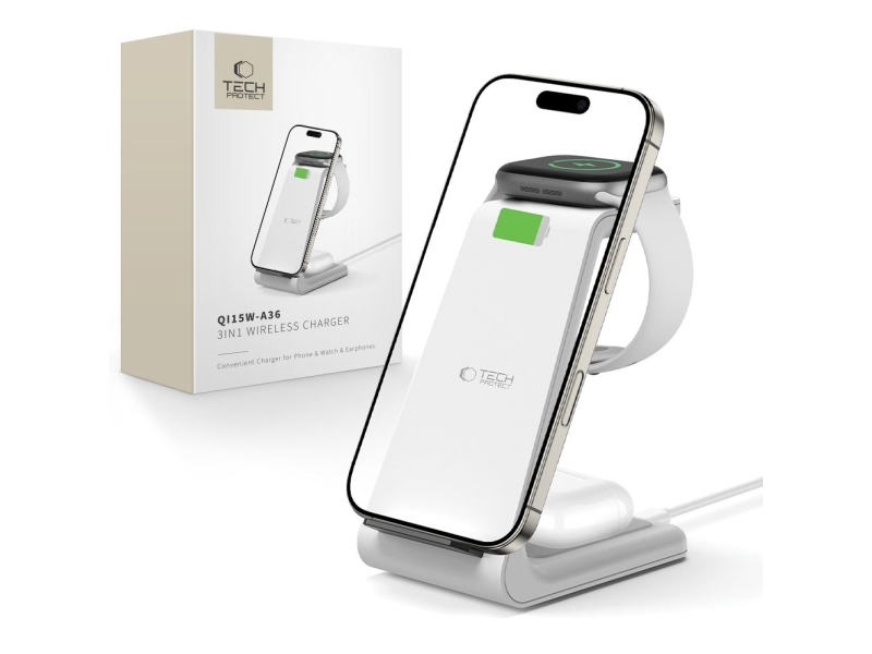 TECH-PROTECT QI15W-A36 3-i-1 trådladdare för Apple vit | Tele & GPS - Batteri & Laddare - Laddare | GameStuff
