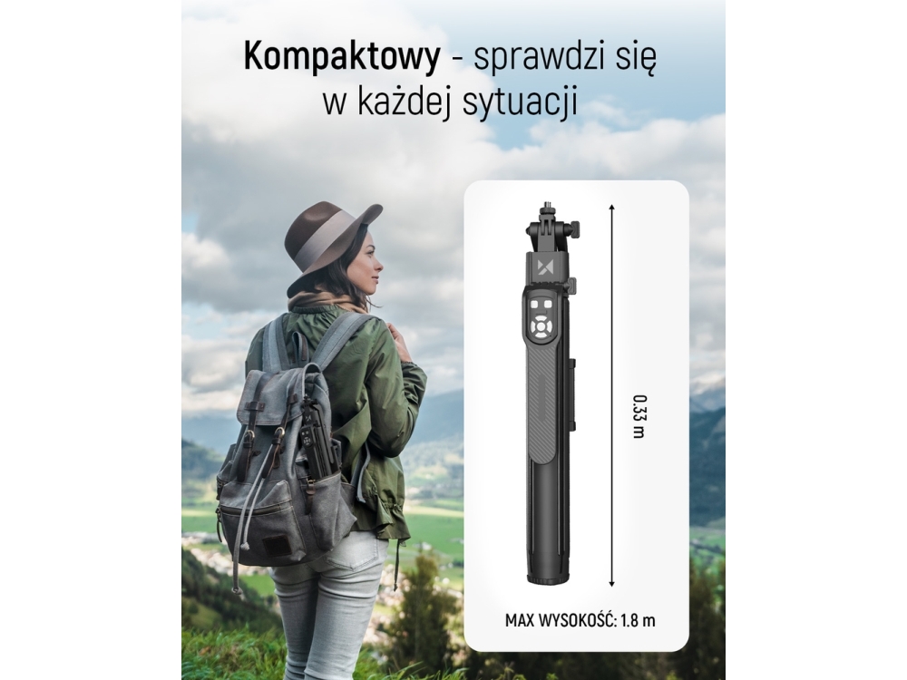 Selfiestang Wozinsky Wst-360Ys Med Stativ Og Automatisk Ansigtssporing 360° Ai Geststyring – Sort