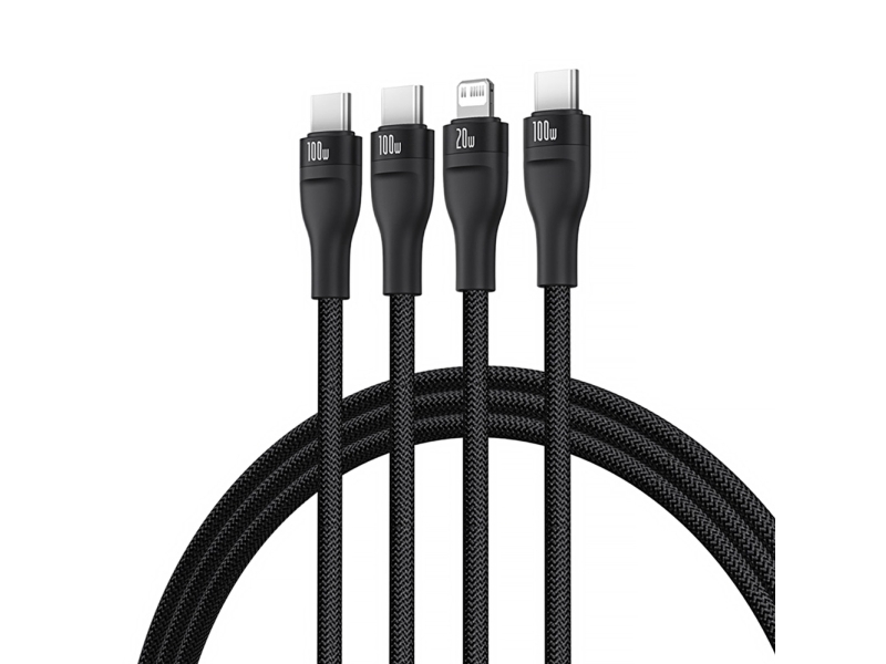 Baseus Flash Series 3 3In1 Kabel Ice 100W Usb-C - Usb-C+Usb-C+ Lightning 1.5M + 3 X 0.25 M - Juodos Spalvos