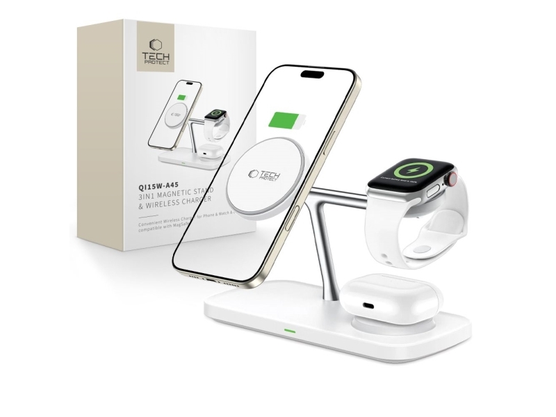 Tech-Protect QI15W-A45 3-in-1 Wireless Charger with MagSafe for Apple Devices - White