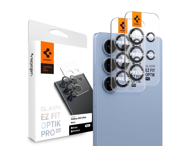 Spigen Glas.Tr Ez Fit Optik Pro, Samsung, Galaxy S25 Ultra, Staubgeschützt, Kratzfest, Schwarz, Transparent, 2 Stück