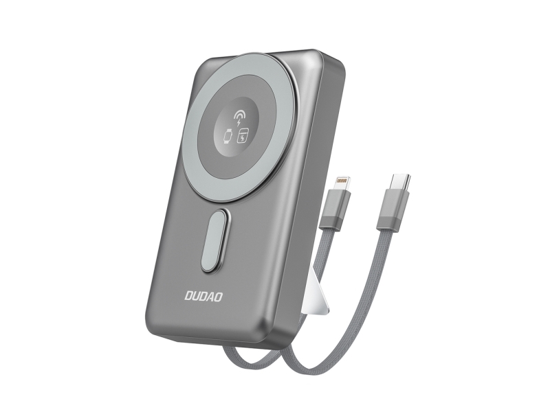 Dudao K29 Powerbank 10000Mah Pd 20W Magsafe Med Metalhus, Stativ Og Indbyggede Usb-C/Lightning-Kabler - Grå
