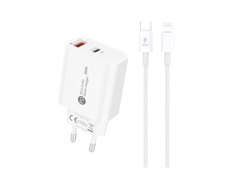 Hurtel Netzladegerät A6maxl 20W Usb-A/Usb-C Mit Usb-C-Zu-Lightning-Kabel 1 M Weiß
