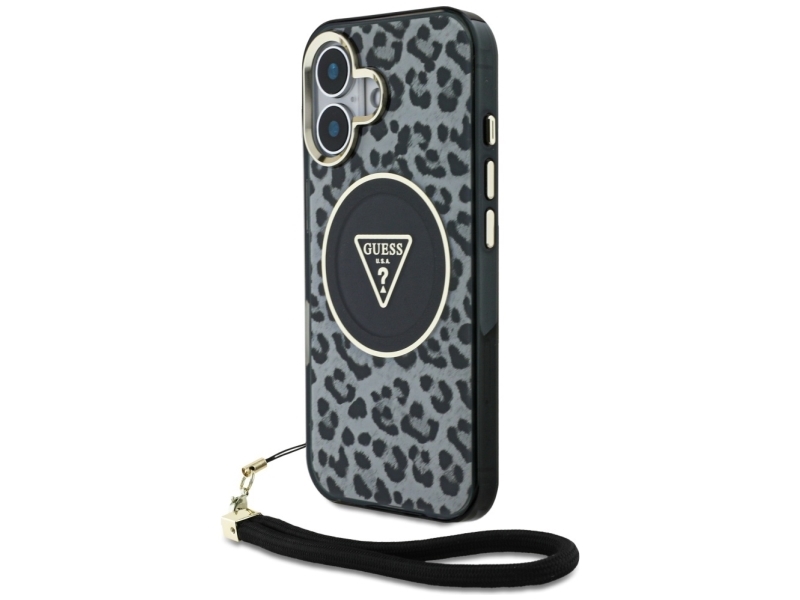 Guess Hc Iml Leopard Triangle Kordelriemen Mit Magsafe Für Iphone 16 - Schwarz