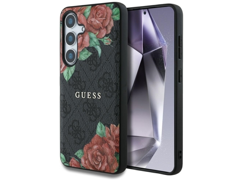 Guess Læder 4G Blomster Print Metal Classic Logo Magsafe Etui Til Samsung Galaxy S25 - Sort