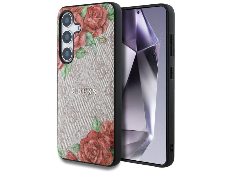 Hurtel Guess Læder Cover 4G Blomsterprint Metal Klassisk Logo Magsafe Til Samsung Galaxy S25 - Pink