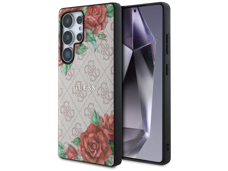 Hurtel Guess Leder 4G Flowers Print Metall Classic-Logo Magsafe Case Für Samsung Galaxy S25 Ultra - Pink