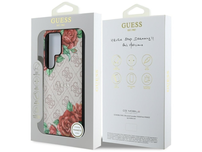 Hurtel Guess Læder 4G Flowers Print Metal Klassisk Logo Magsafe-Cover Til Samsung Galaxy S25 Ultra - Pink