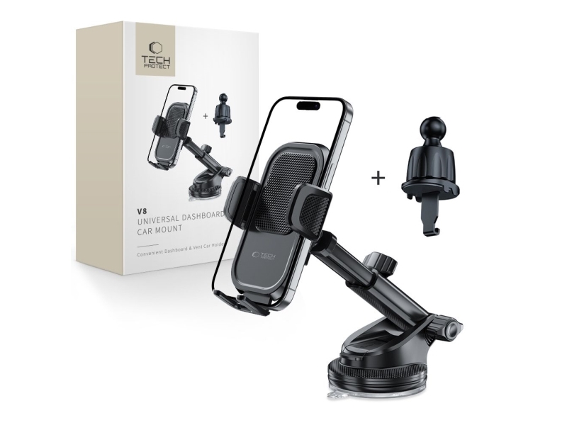Tech-Protect V8 Bilholder Til Instrumentbord, Forrude Eller Ventil - Sort