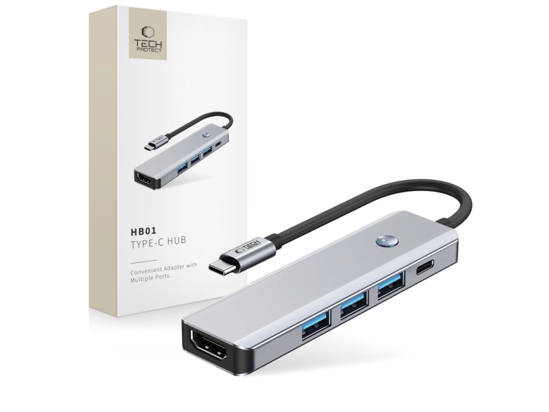 TECH-PROTECT HB01 hub-adapter 5-i-1 USB-C + USB3.0 + HDMI 4K 60Hz + PD100W space grey | Datortillbehör - Kablar & adaptrar - USB-hubbar | GameStuff