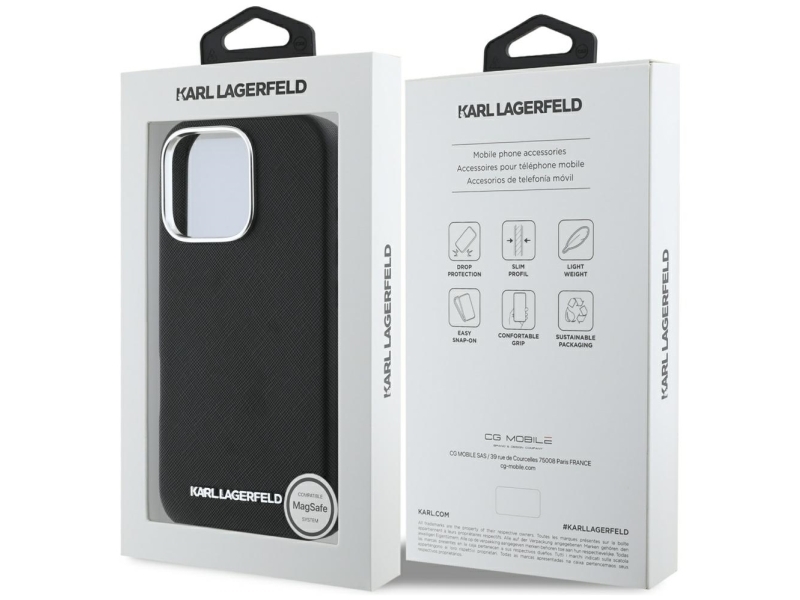 Karl Lagerfeld Saffiano Helt Dækkende Etui Med Aflangt Metallo-Logo Magsafe Til Iphone 16 Pro - Sort