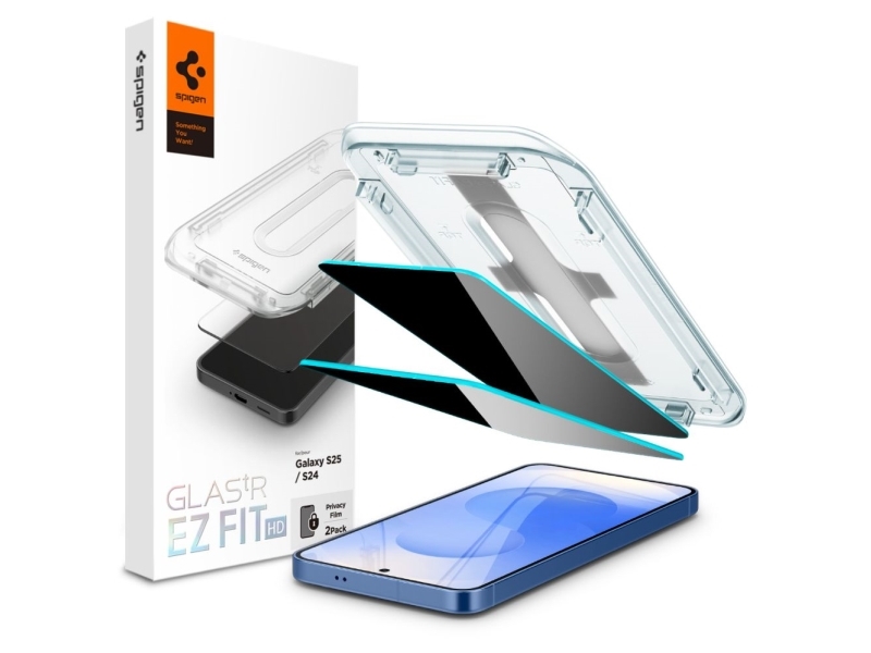 Spigen Glas.Tr Ez Fit Hd Privacy, Samsung, Galaxy S25 (2025), Galaxy S24 (2024), Støvresistent, Ridseresistent, Sort, 2 Stk
