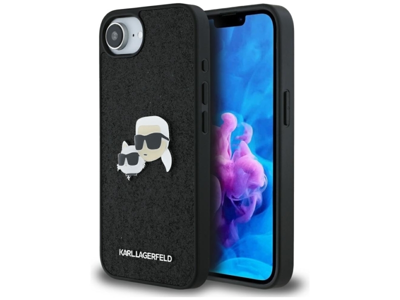 Karl Lagerfeld Fast Glitter Karl&Choupette Head Metal Pin Cover Til Iphone 16E - Sort