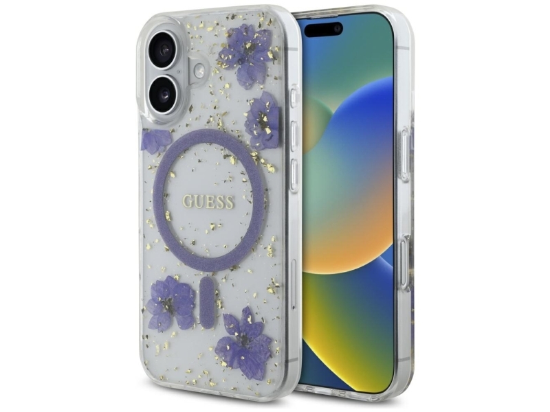 Guess Resin Flowers Glitter Magsafe Hülle Für Iphone 16 - Lila