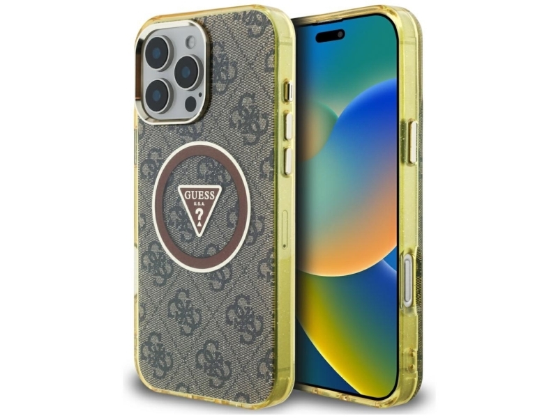 Guess Iml Metal Glitter 4G Circle Triangle Magsafe Cover Til Iphone 16 Pro Max - Brun