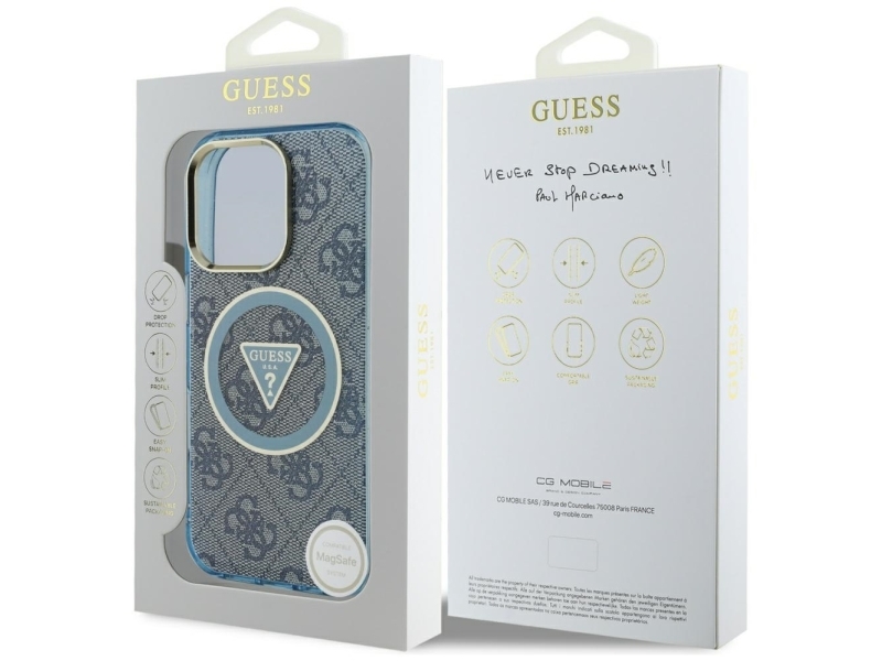 Hurtel Guess Iml Metal Glitter 4G Cirkel Trekant Magsafe Cover Til Iphone 16 Pro - Blå