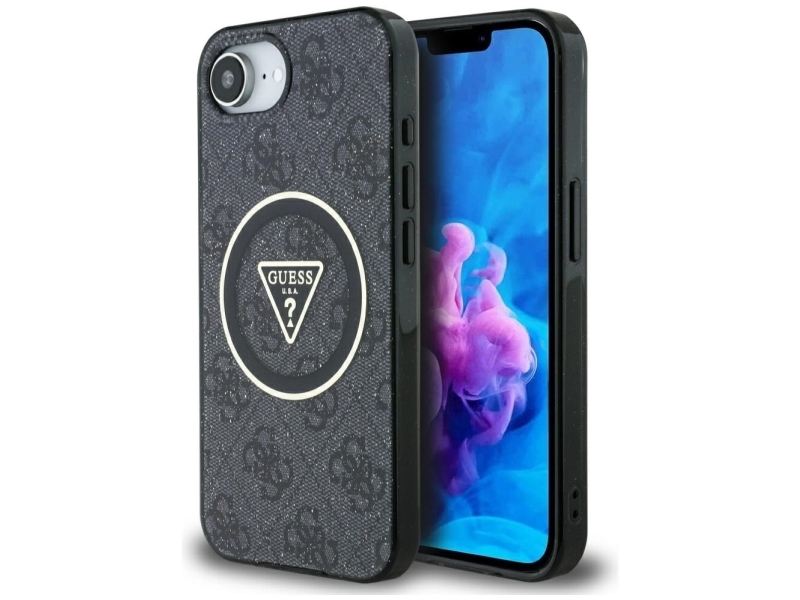 Guess Iml Metal Glitter 4G Cirkel-Trekant Magsafe Cover Til Iphone 16E - Sort