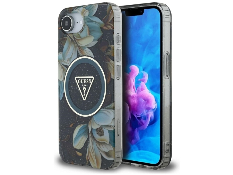 Guess Iml Metal Glitter Flowers Triangle Magsafe Cover Til Iphone 16E - Sort