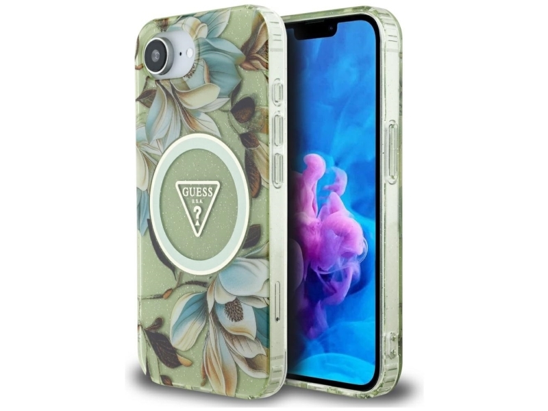 Guess Iml Metal Glitter Blomster Trekantet Magsafe Iphone 16E Cover - Grøn